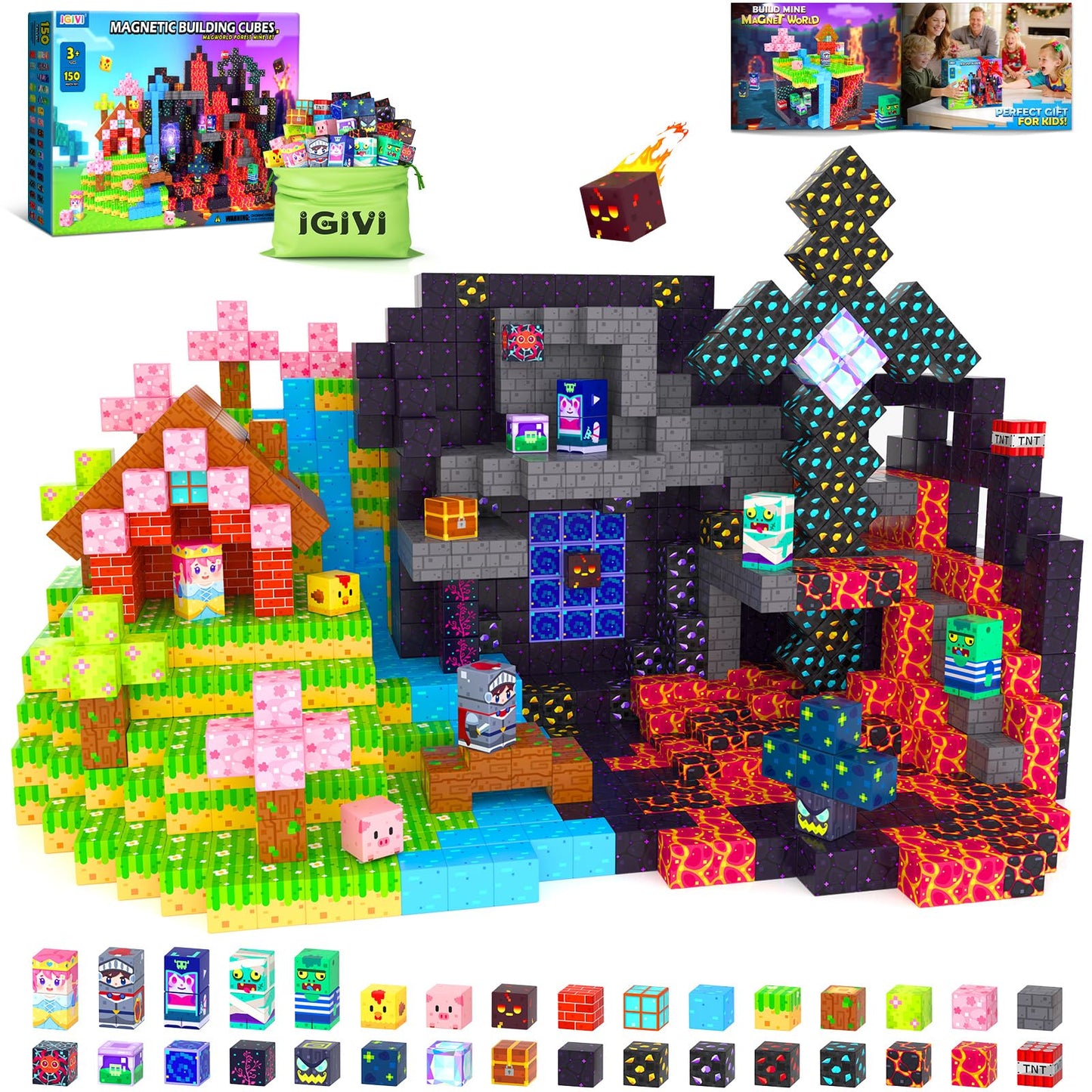 IGIVI 150PCS Magnetic Blocks - Build Mine Magnet World Set, Magnets Building Toys for Kids Ages 3-5 6-8 8-12, Supplies Birthday Party Gifts for 3+ Year Old Boys Girls, STEM Sensory Toys for Toddlers