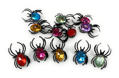 100 Bulk Halloween Spider Rings With Gems Assortment - Black Rings with Assorted Gems for Creepy Crawly Party Favors, Treats, and Cupcake Toppers