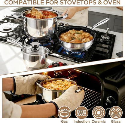 Stainless Steel Cookware Set Pots and Pans- 15 Pieces Nonstick Pot and Pan Set Includes 1 Frying Pans, 5 Pots, 6 Lids and 3 Utensils, with Stay Cooling Handle, Induction & Oven Safe