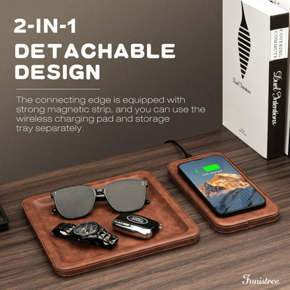 PU Leather Wireless Charging Station and Valet Tray, Gift for Men Husband Dad from Wife Daughter Son, Nightstand Organizer for Men Women, Boyfriend Anniversary Birthday Gifts for Him