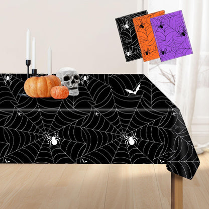 Sundonix Halloween Tablecloth Plastic Disposable - Table Cloth Cover Party Decorations for Rectangle Tables Black Spider Web Purple Orange 54x108 Inch(3 Pack)