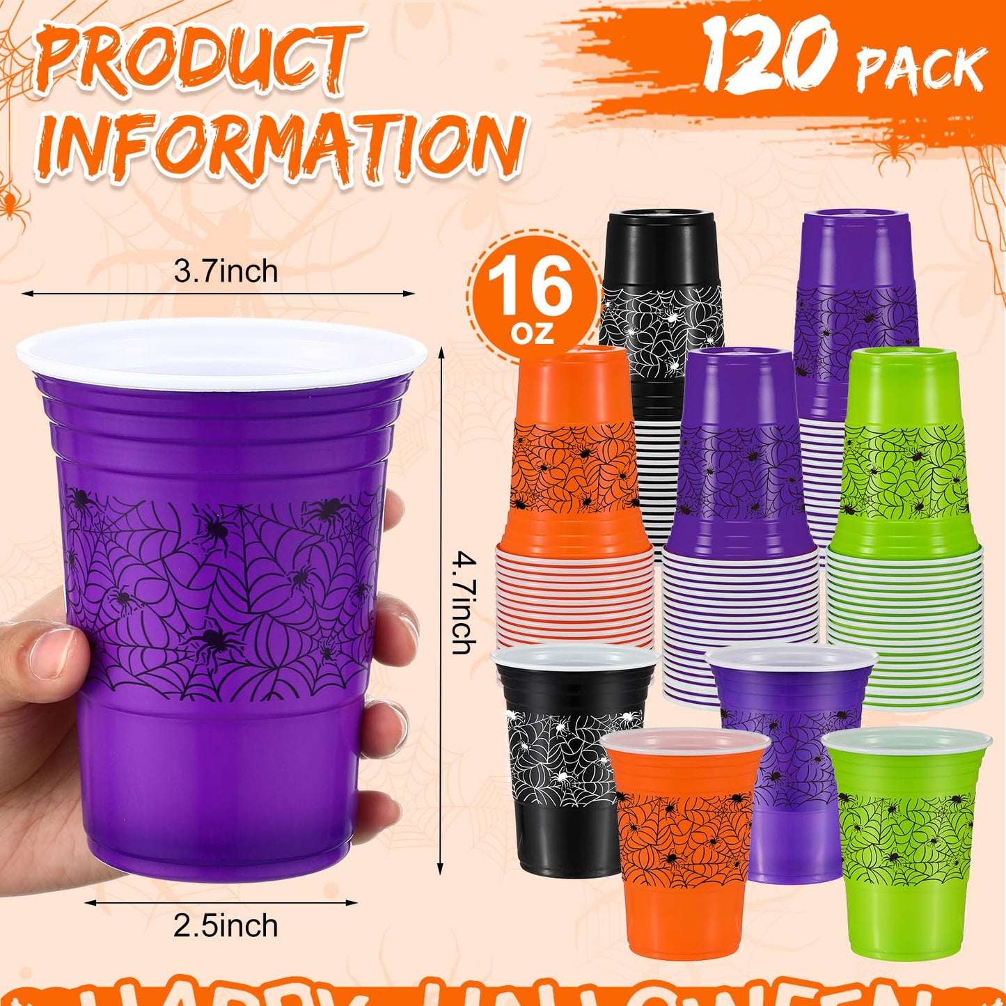 Pickmesh 120 Pcs Halloween Plastic Cups 16 oz Disposable Coffee Cup Spider Web Decoration Hot Cold Drink Wine for Halloween Party Favors Supplies