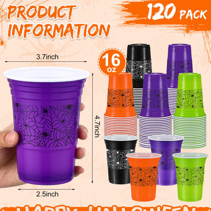 Pickmesh 120 Pcs Halloween Plastic Cups 16 oz Disposable Coffee Cup Spider Web Decoration Hot Cold Drink Wine for Halloween Party Favors Supplies