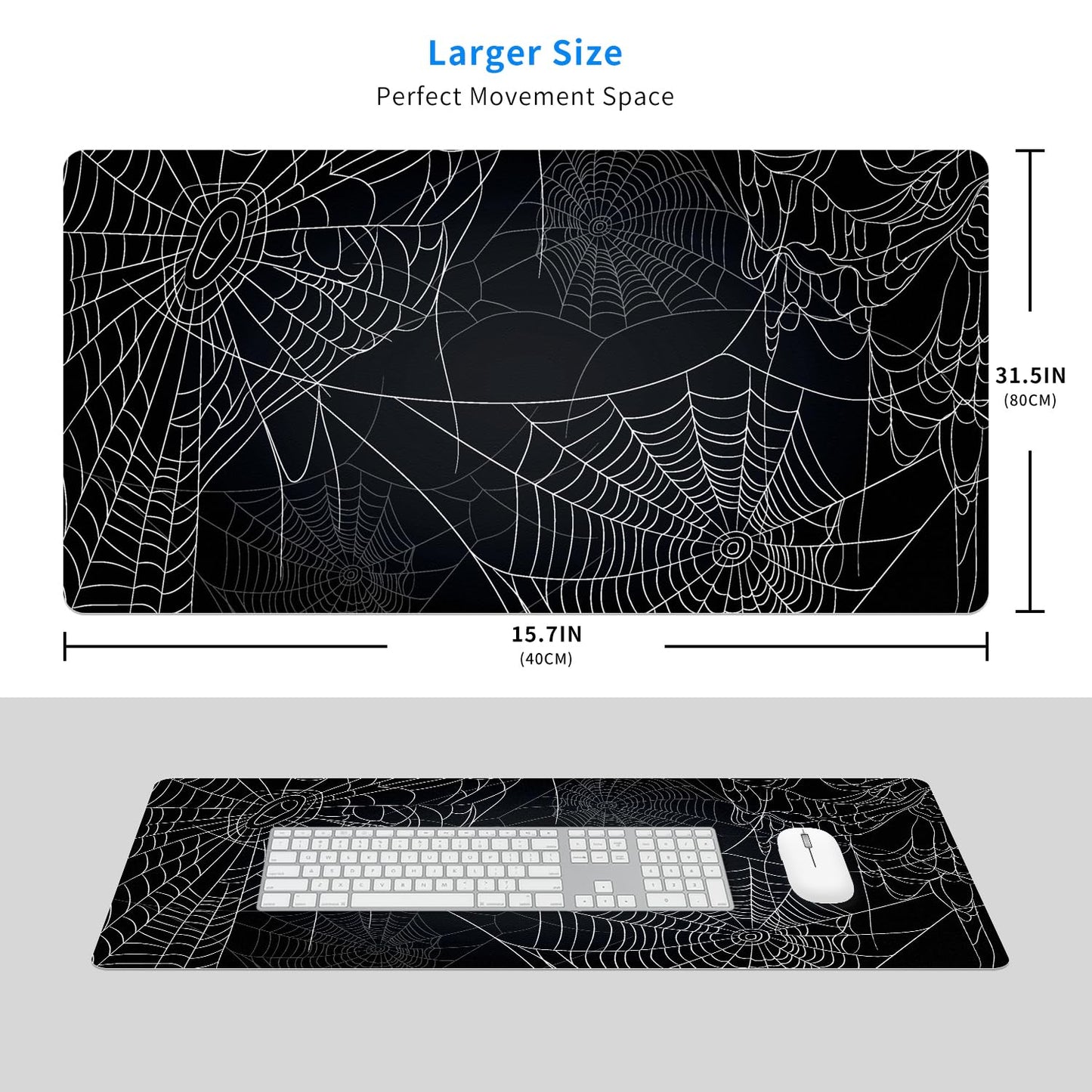 MAYCARI Halloween Cute Spider Webs Mouse Pad Kawaii Cartoon Funny Spirit Extended Desk Mat Non-Slip Rubber Baseb Large Black White Mousepad for Desk Gaming Laptop Desktop 31.5"X15.7"