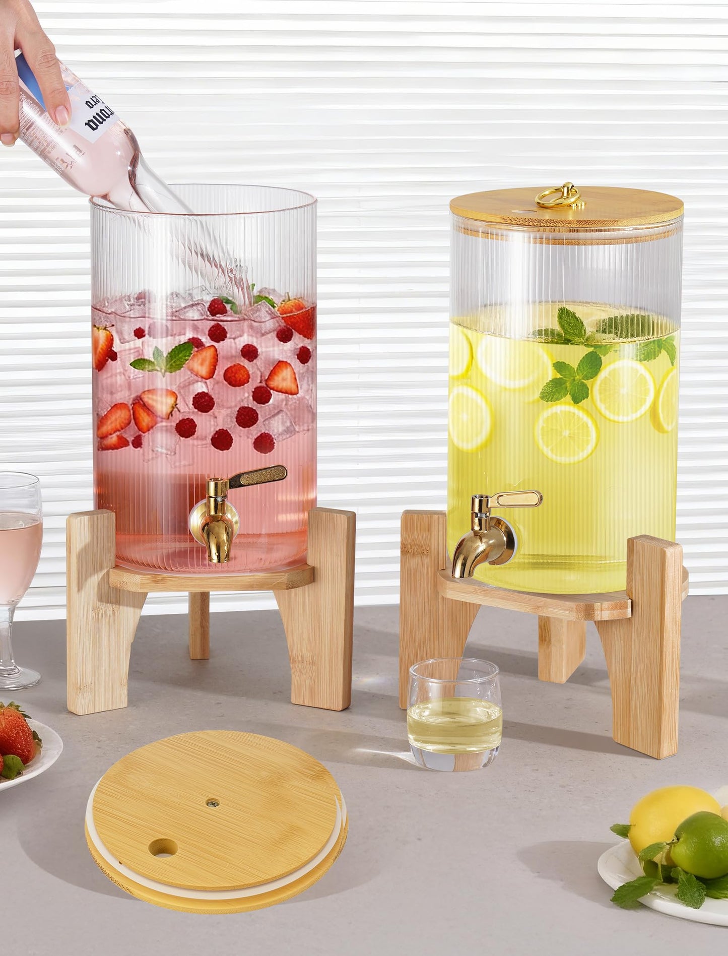 NiHome 2-Pack 1.3 Gallon Drink Dispenser for Parties, 4.9 L Glass Iced Beverage Dispenser, Large Glass Party Drink Dispensers for Lemonade, Tea, Juice & Bamboo Lid, Wood Stand & Stainless Steel Spigot