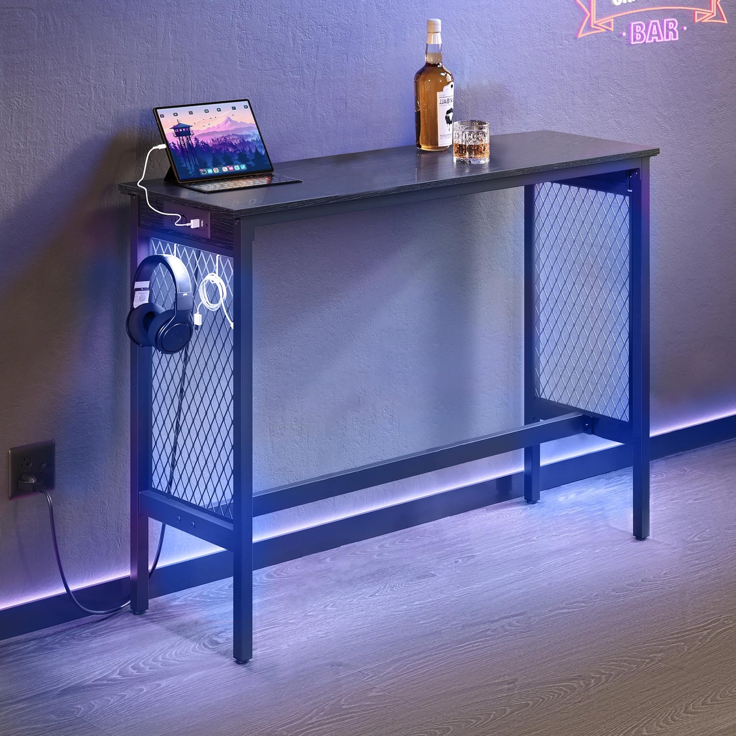 VASAGLE Bar Table with Power Outlets, 47.2 Inches LED Lights Narrow Tall Pub Table, Counter Height Console Desk, Mesh Panels and Metal Frame, for Kitchen, Entryway, Ebony Black and Matte Black