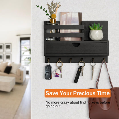 dreampossible Key and Mail Holder for Wall, Mail Organizer Wall Mount with 6 Hooks and Storage Drawer, Wooden Key Rack Hanger with Shelf for Entryway and Home Decor