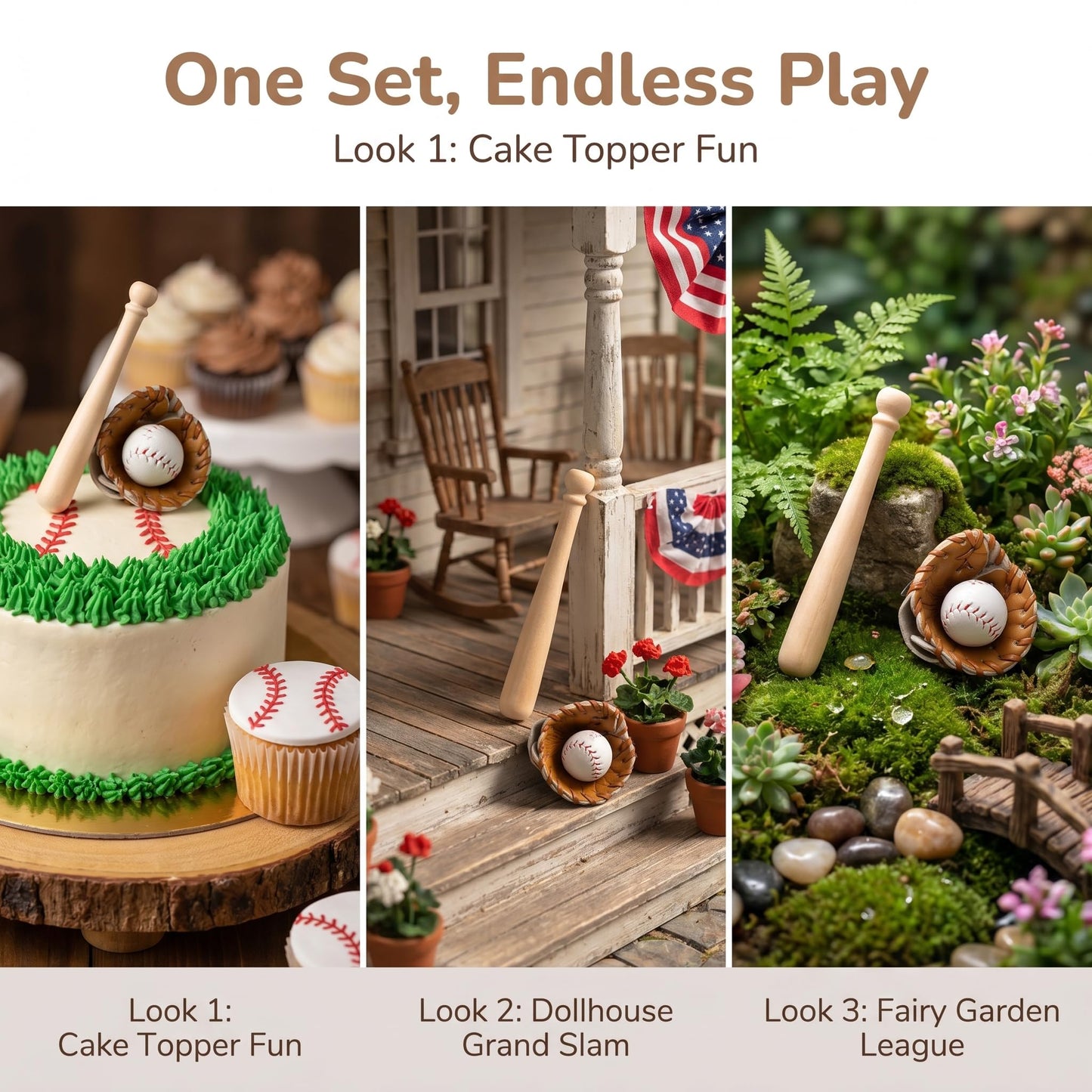 Toyvian Miniature Baseball Bat: Baseball Cake Topper, Light Brown Mini Dollhouse Glove and Ball Set Decorations - Wooden & Leather Cake Topper for Kids Mini House Party Favors(2.95X0.39X0.39in)