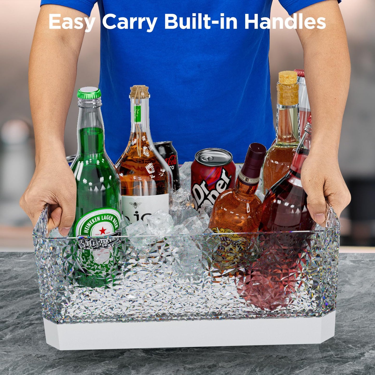 DaJi-U Plastic Ice Bucket for Parties, 15Liter / 4 Gallon Big Large Clear Beverage Tub for Champagne Beer Drink Wine Cocktails Bar, Hosting Party Essentials, LED Light Up, Rectangular, Leakproof