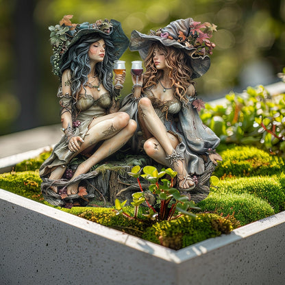 WGKOMEGE Fairy Garden Stake Decor, Acrylic 2D Garden Fairy Decoration, Fairy Garden Accessories for Outdoor Indoor Yard Lawn Pot Plants (Two-Witches)