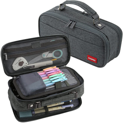 JOINPRO Large Capacity Pencil Case, 4 Compartment Pen Pouch Organizer with Double Zipper, Storage Bag for School, Office, Teen Girl Boy Men Women (Black Grey)