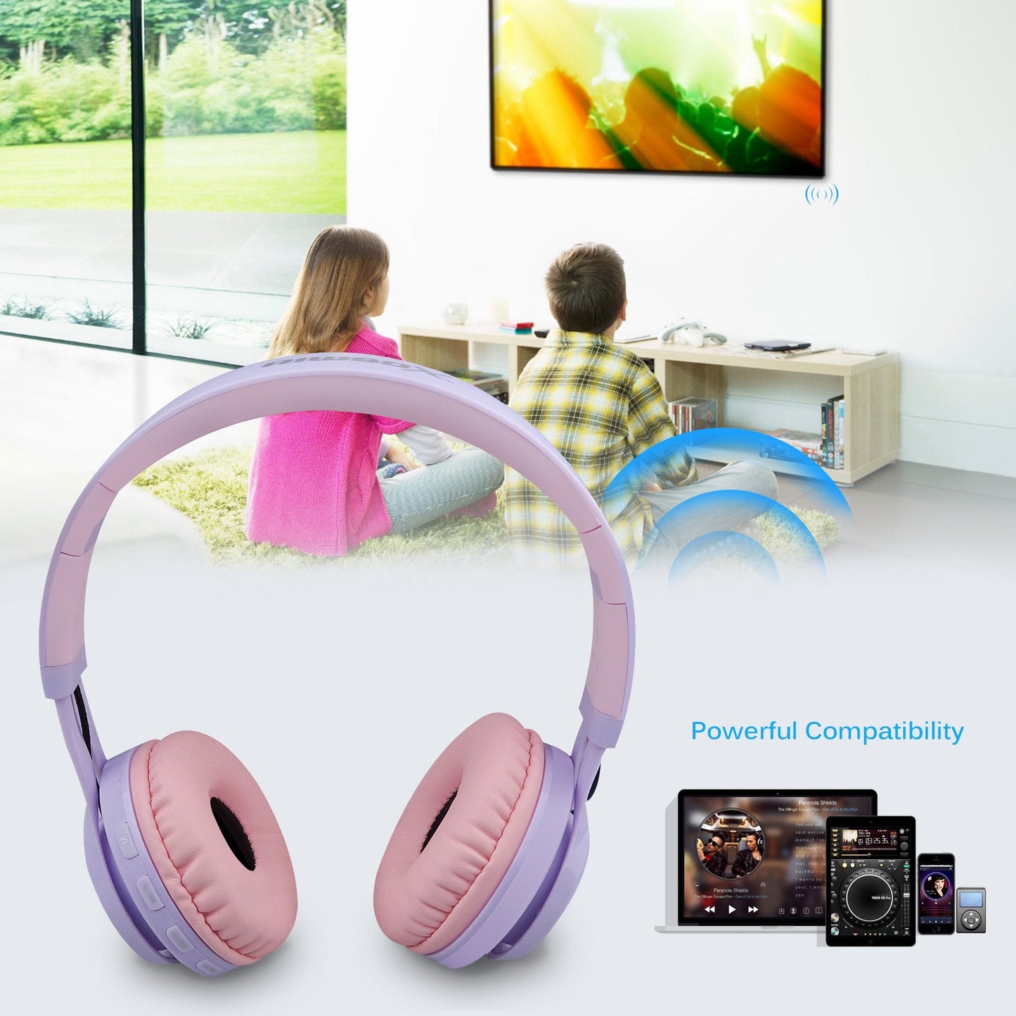 Riwbox WT-7S Kids Bluetooth Headphones Light Up, Foldable Stero Wireless Headset,with Microphone and Volume Control,Comfortable and Durable,for PC/Tablet/TV/Travel(Purple)
