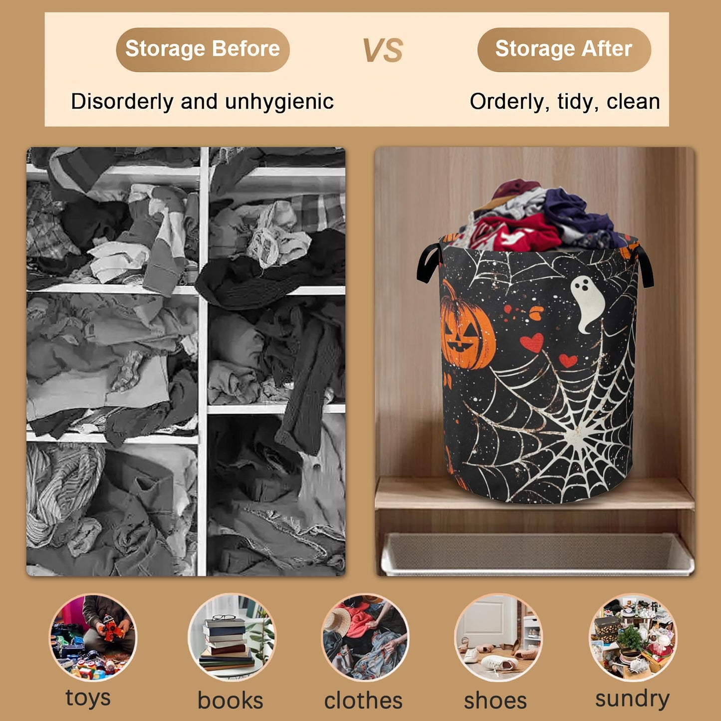 Halloween Laundry Basket Pumpkin Collapsible Hamper with Handles, Bat Spider Web Waterproof Oxford Storage Bin for Bathroom Bedroom Nursery Home Halloween Decor 16"x20"