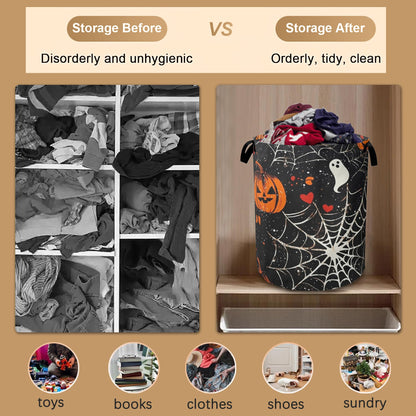 Halloween Laundry Basket Pumpkin Collapsible Hamper with Handles, Bat Spider Web Waterproof Oxford Storage Bin for Bathroom Bedroom Nursery Home Halloween Decor 16"x20"