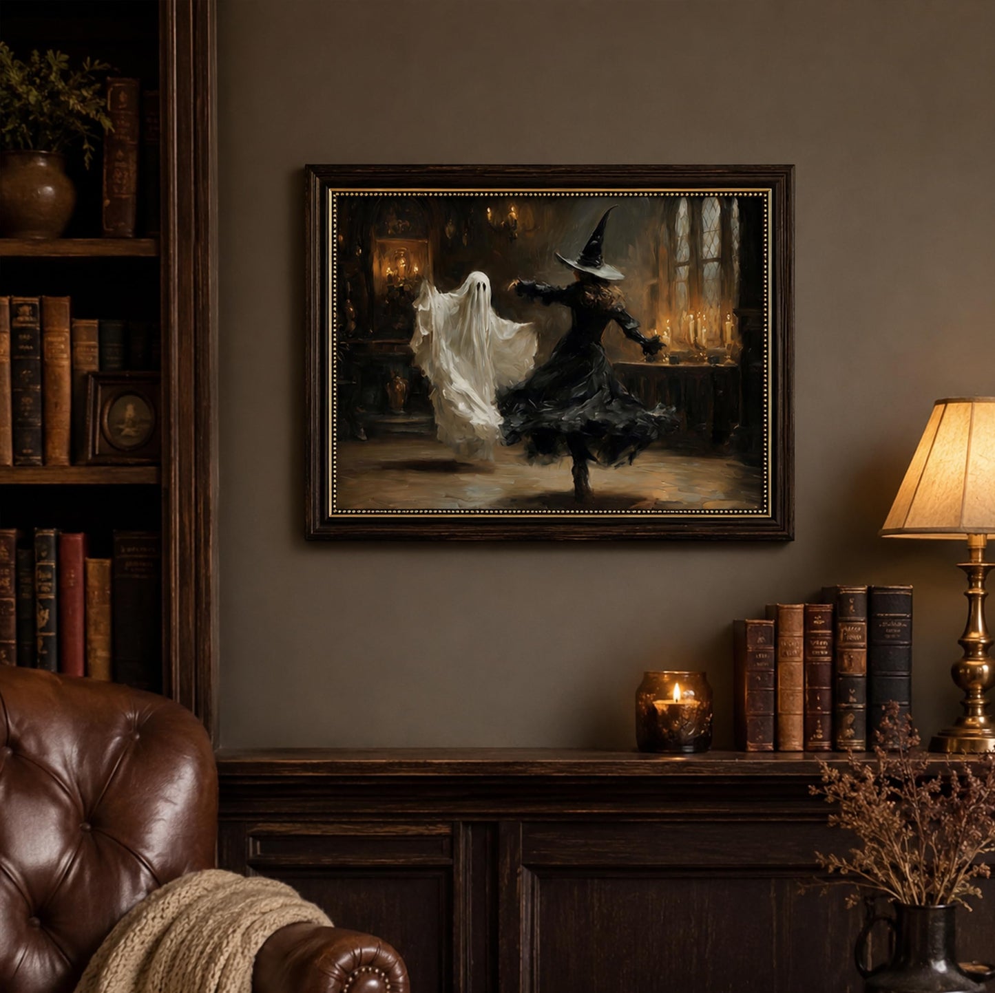 Vbaourut Framed Halloween Wall Art, Dancing Witch and Ghost Canvas Painting, Vintage Gothic Poster with Dark Brown Frame and Upgraded Hook and Loop for Living Room, 12x16 in