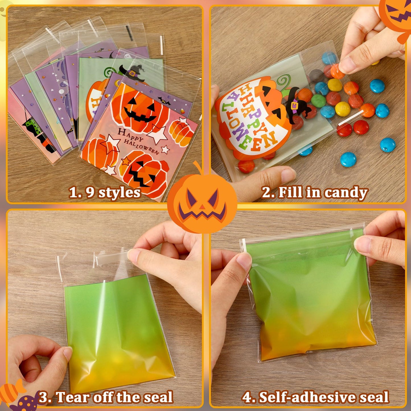 FEBSNOW 450pcs Halloween Ziplock Self Adhesive Candy Dessert Treat Bags