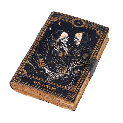 cuero Book of Spells Leather Journal Deckle Edge Paper Grimoire Printed Journal The Lovers Tarot Notebook Spiral Gothic Notebook Skull lover Antique Vintage Leather Journals for Men and Women