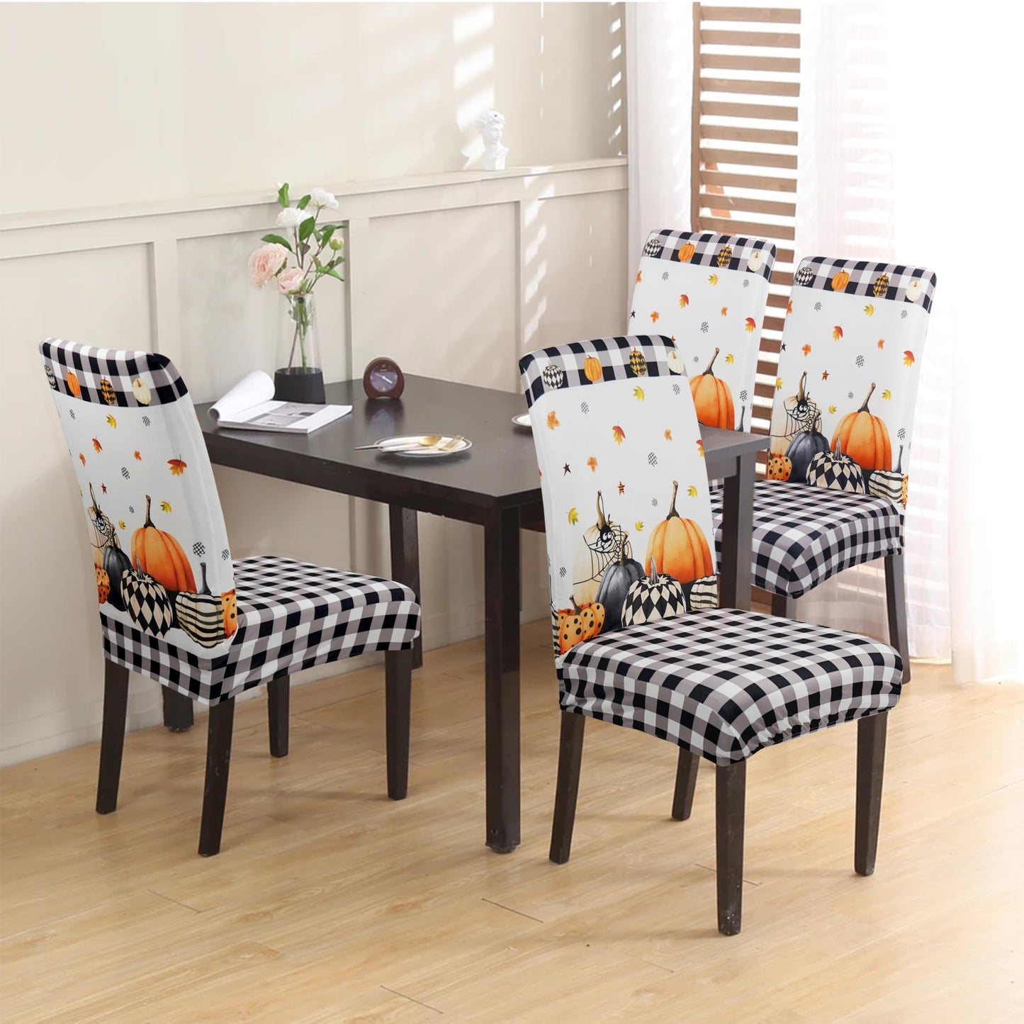 Wscdovf Halloween Chair Covers Set of 6, Fall Pumpkin Black/White Buffalo Plaid Chairs Slipcover for Dining Room, Removable Washable Breathable Cover in The Kitchen Restaurant Holiday Decor