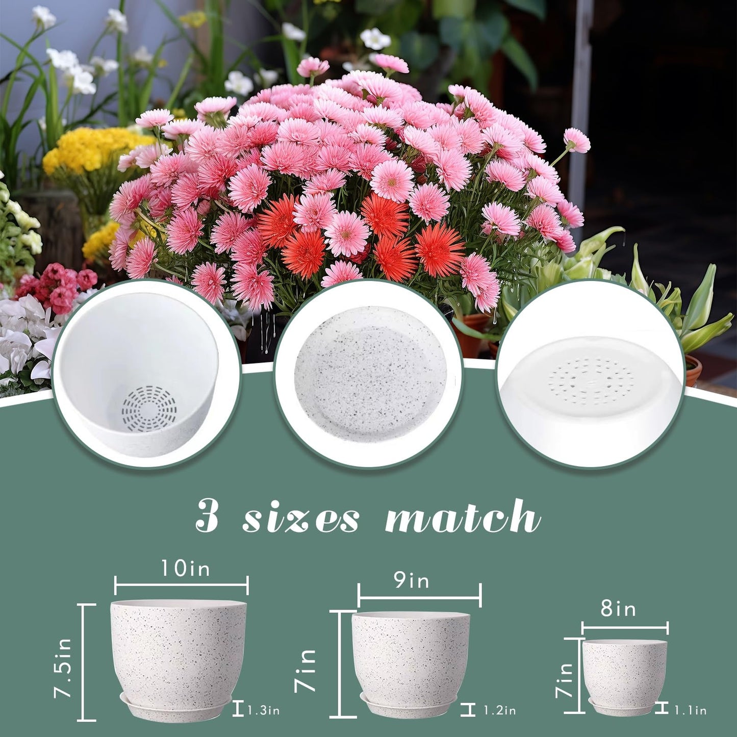 XINHUISHQZ 10/9/8 inch Plant Pots, 3 Pack Plastic Flower Pots Modern Flower Pots with Drainage Holes and Trays are for Indoor and Outdoor Plants, Herbs and Flowers,White Speckles