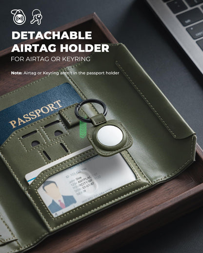 VULKIT Passport Wallet with Detachable AirTag Holder, Vegan Leather Passport Holder, RFID Blocking, Travel Essential, Magnetic Closure, Green