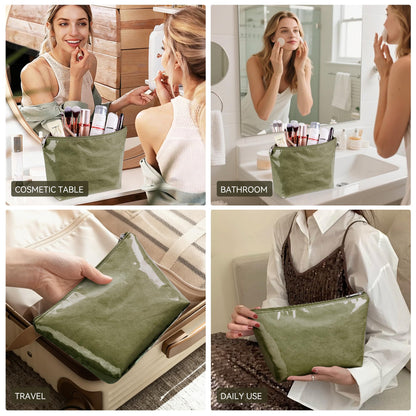 WLLWOO PVC Waterproof Makeup Bag Kraft Paper Cosmetic Bag Travel Toiletry Zipper Pouch Organizer for Women Purse