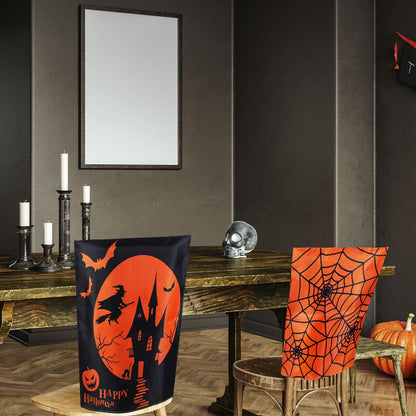 Whaline 4 Pack Happy Halloween Chair Covers Spooky Chair Back Covers Halloween Ghost Witch Bat Dining Room Seat Covers Orange Black Chair Slipcovers for Home Dining Room Kitchen Halloween Party