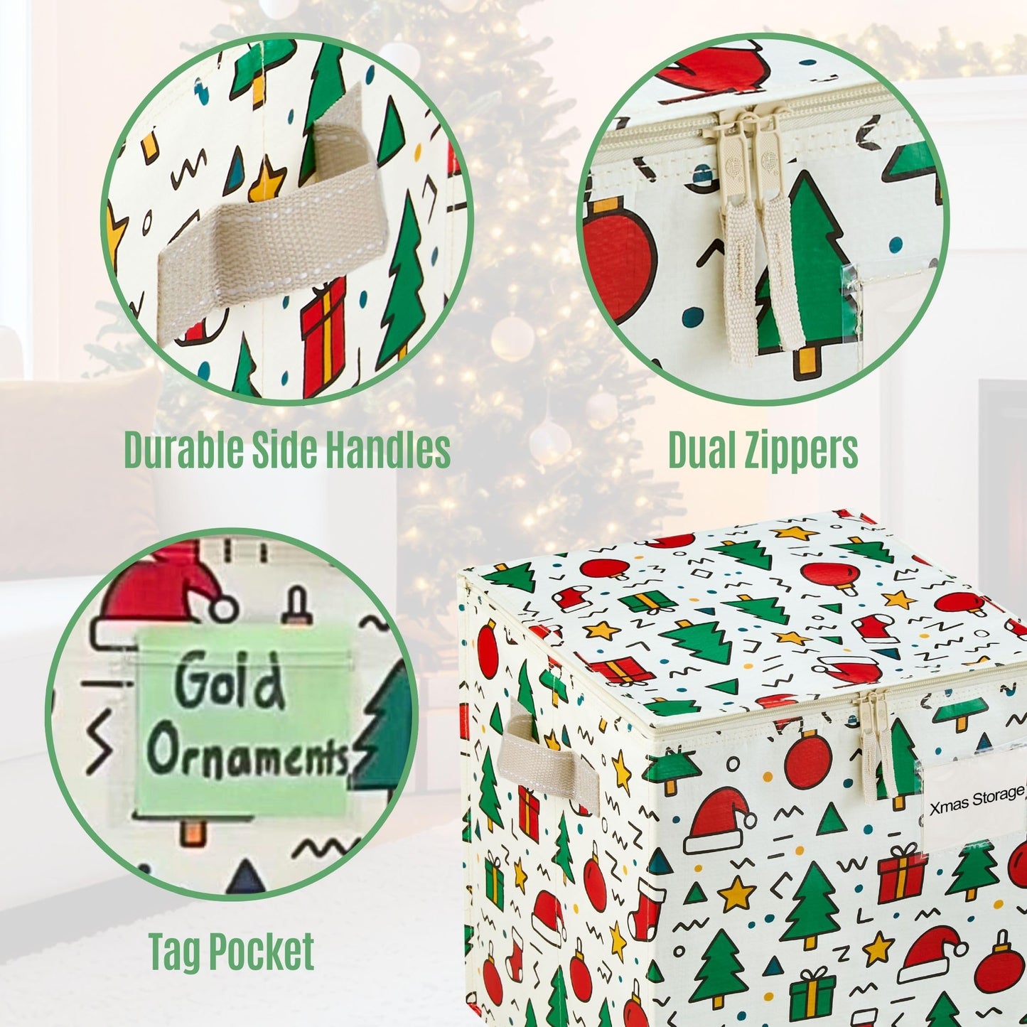 VENO 2 Pack Christmas Ornament Storage Box, Holiday Ornament Organizer with Adjustable Dividers, Sturdy Storage Containers for 64 Ornaments, Zippered Lid & Handles, 3" Cube (Jingle Mix)