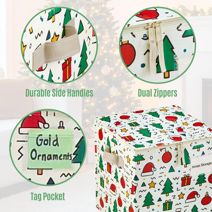 VENO 2 Pack Christmas Ornament Storage Box, Holiday Ornament Organizer with Adjustable Dividers, Sturdy Storage Containers for 64 Ornaments, Zippered Lid & Handles, 3" Cube (Jingle Mix)