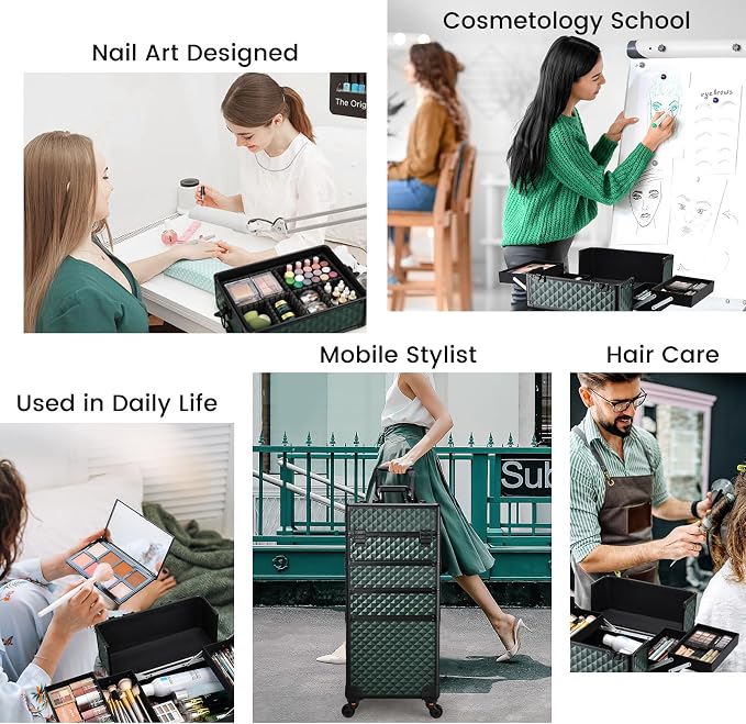 Stagiant Rolling Makeup Train Case Cosmetology Case on Wheels 4 in 1 Cosmetic Box Makeup Travel Case with Key Swivel Wheels Nail Artist Salon Barber StorageTraveling Cart Trunk Dark Green