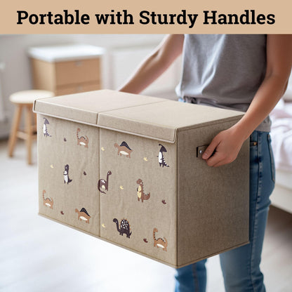 Collapsible Toy Storage Box with Handles, Removable Divider & Detachable Lid - Dinosaur Print Kids Toy Box for Boys & Girls - Storage for Toys Living Room, Bedroom & Playroom - Large Bin for Toys