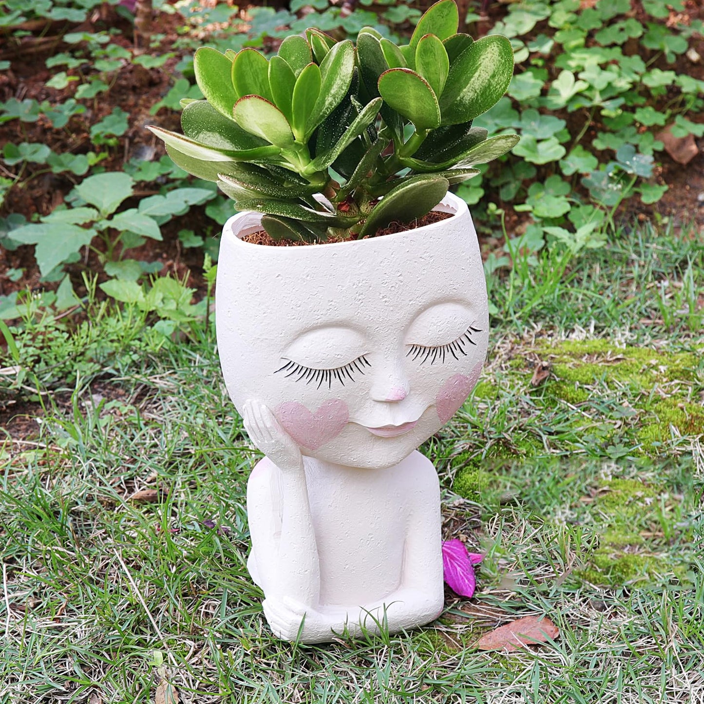 CASANIA Closed Eyes Girl Head Planter Pot with Drainage Hole, Resin Face Planter for Succulents Small Plants, Indoor Outdoor Whimsical Decor for Home Garden Office, Gift for Plant Lovers