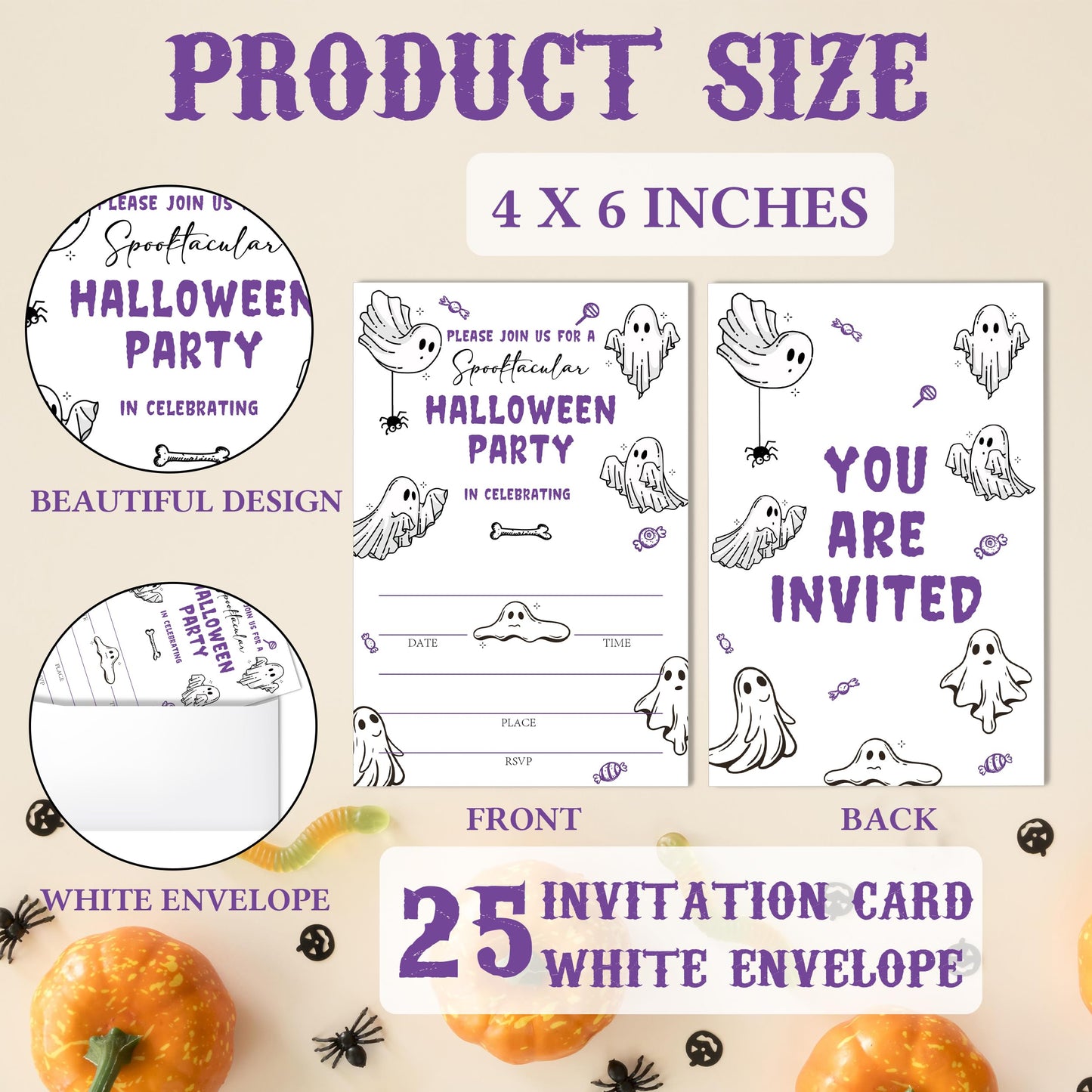 SIXEIGHT Purple Halloween Party Invitations, Cute Ghost Halloween Invitations for Boys Girls, 25 Pack Purple Invite Cards with Envelopes, Wedding Birthday Baby Shower Party Decorations-E06