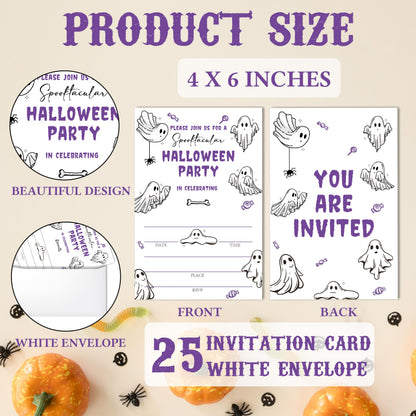 SIXEIGHT Purple Halloween Party Invitations, Cute Ghost Halloween Invitations for Boys Girls, 25 Pack Purple Invite Cards with Envelopes, Wedding Birthday Baby Shower Party Decorations-E06