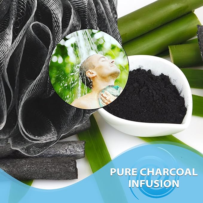 SHOWER BOUQUET Loofah-Charcoal Bath-Sponge XL-4-Pack-Blue-Green // Extra Large 75g Soft Mesh Color & Black Lufa Loofa Loufa Puff Set/Exfoliating Body Scrubber for Women and Men - Exfoliate & Soothe