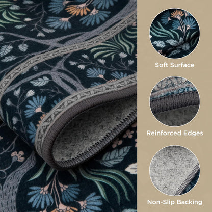 Joydeco Machine Washable Area Rugs 5x7, Boho Floral Rug for Bedroom Non Slip, Soft Forest Botanical Low-Pile Floor Indoor Throw Carpet for Living Dining Room Dorm Office, Black
