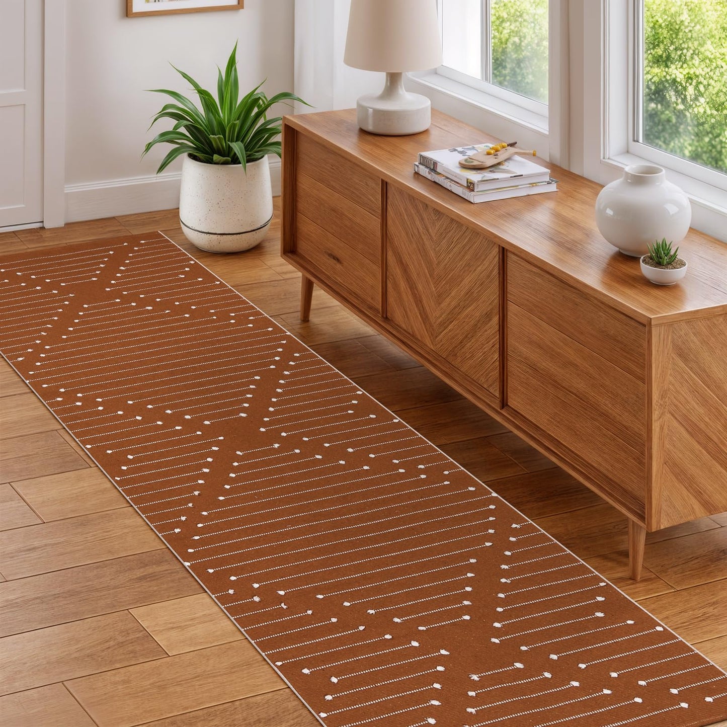 LIVEBOX Burnt Orange Runner Rug- 2x8 Runners for Hallway Kitchen, Cotton Blend Long Entryway Area Rugs, Boho Washable Long Mat Fall Halloween Decor Rugs
