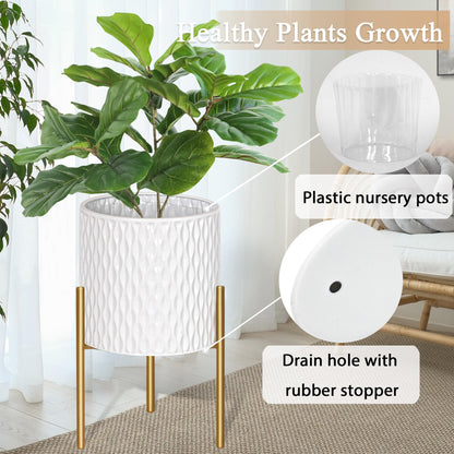 ARNIS Plants Pots with Stand, Set of 2 P lanters, Unique Mid Century Decorative Metal Flower Pots with Drainage, 8.25 & 10.5 Inch, White and Gold