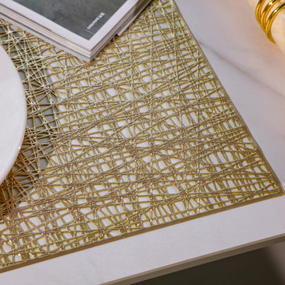 Snowkingdom Gold Placemats Set of 4, Golden Vinyl Rectangle Metallic Wipeable Place mats, Washable Easy Clean Non Slip Stain Resistant Hollow Kitchen Dining Table Mats for Wedding Party Decoration
