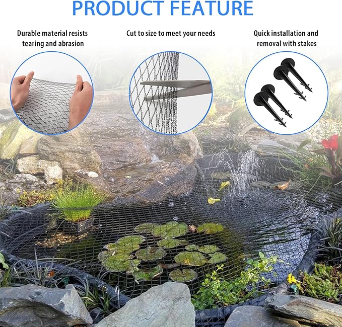 Koi Pond Netting Kit 20 x 30 FT, 3/8" Heavy Duty Woven Mesh Pond Net Cover for Leaves with 12 Stakes, HDPE Pool Netting Protecting Fish from Herons Birds Cats, Black