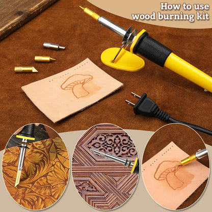 Leather Stamping Tools, Leather Carving Set, Working Kit for Beginners with Wood Burning Kit, Stamp Punch Set and Adjustable Swivel Knife, Carving Working Saddle Making