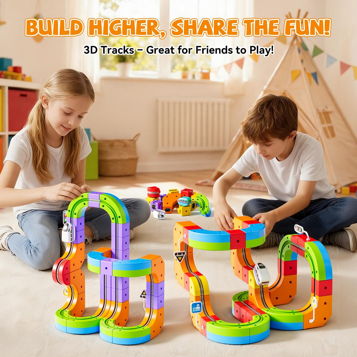 Upgrade Electric Train Set, 3D Cube Track-DIY Rail Cube Block Kit, STEM Gravity-Defying Motorized Trains Race Tracks Toys Gift for Kids Boys Girls Age 3 4 5 6 7 8+ (Master Set+2 Cars)