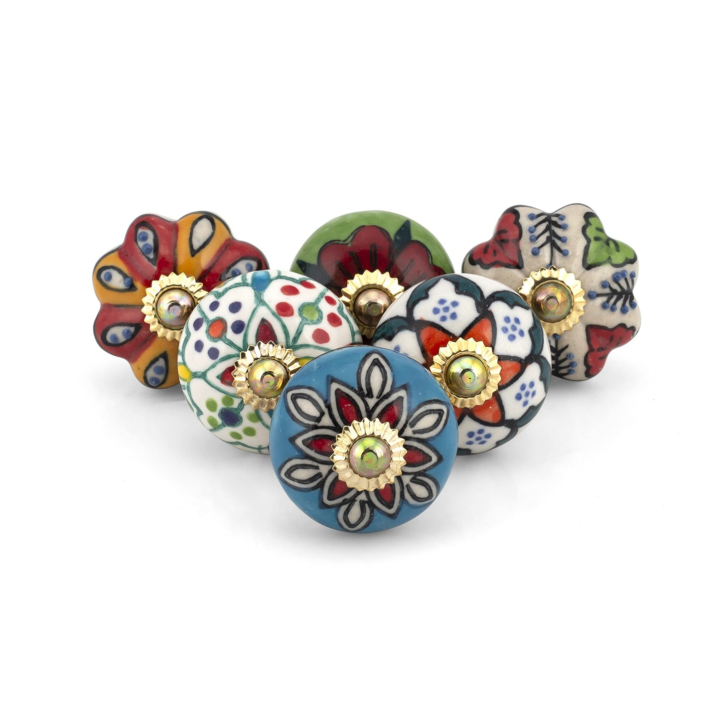Craft Trade Ceramic Cabinet & Drawer Knobs – Decorative Kitchen Cabinet Hardware, Cupboard & Dresser Knobs – Handcrafted Furniture Pull Handles, Round Design (Colorful, Set of 6)