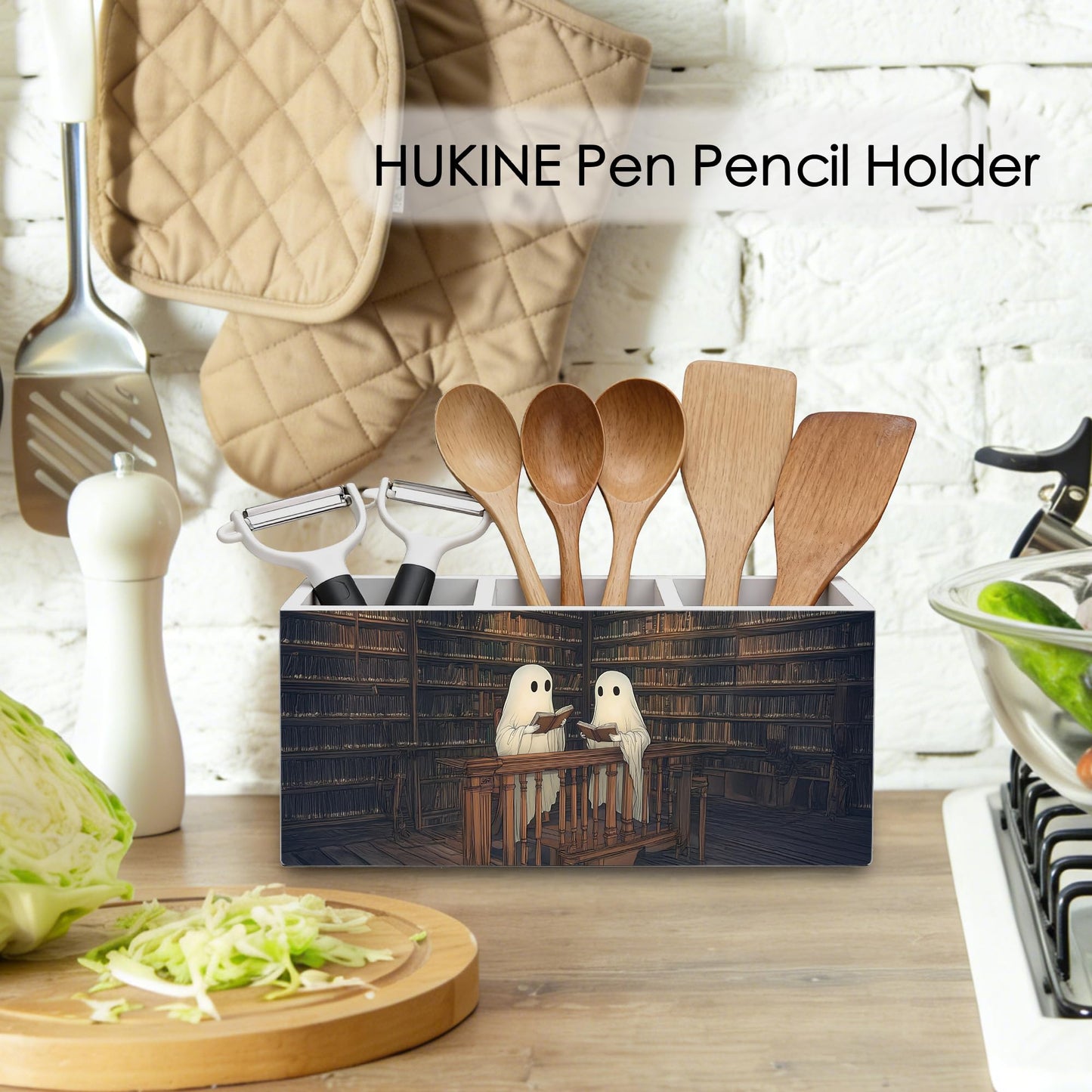 HUKINE Gothic Ghost Bookish Pen Holder for Desk Decoration, Spooky Ghost Reading Book Wooden Box Sign Pencil Holder Organizer for Home Office Desk Accessories, Book Lover Gifts