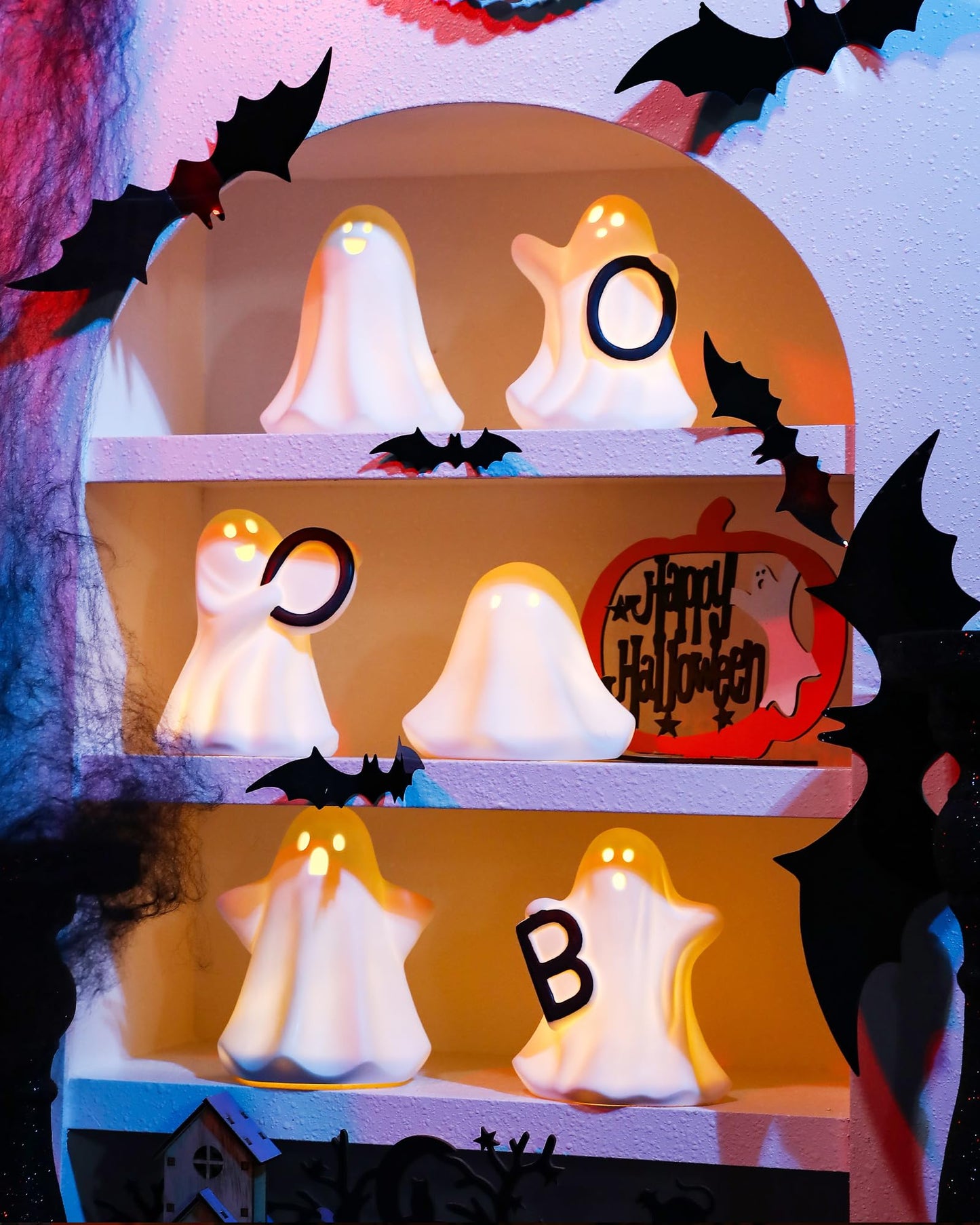AOMOONOA Ceramic Ghosts Small White Ghost Figurine, 3PCS Light Up Ghost Decor, Small LED Ghost Halloween Decor Spooky Sculptures for Indoor Halloween Party Tabletop Home Shelf Decoration