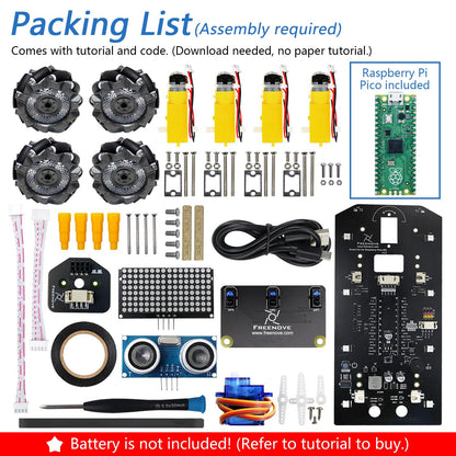 Freenove Mecanum Wheel Car Kit for Raspberry Pi Pico (Included) (Compatible with Arduino IDE), Dot Matrix Expressions, Obstacle Avoidance, Line Tracking, Light Tracing, Colorful Light