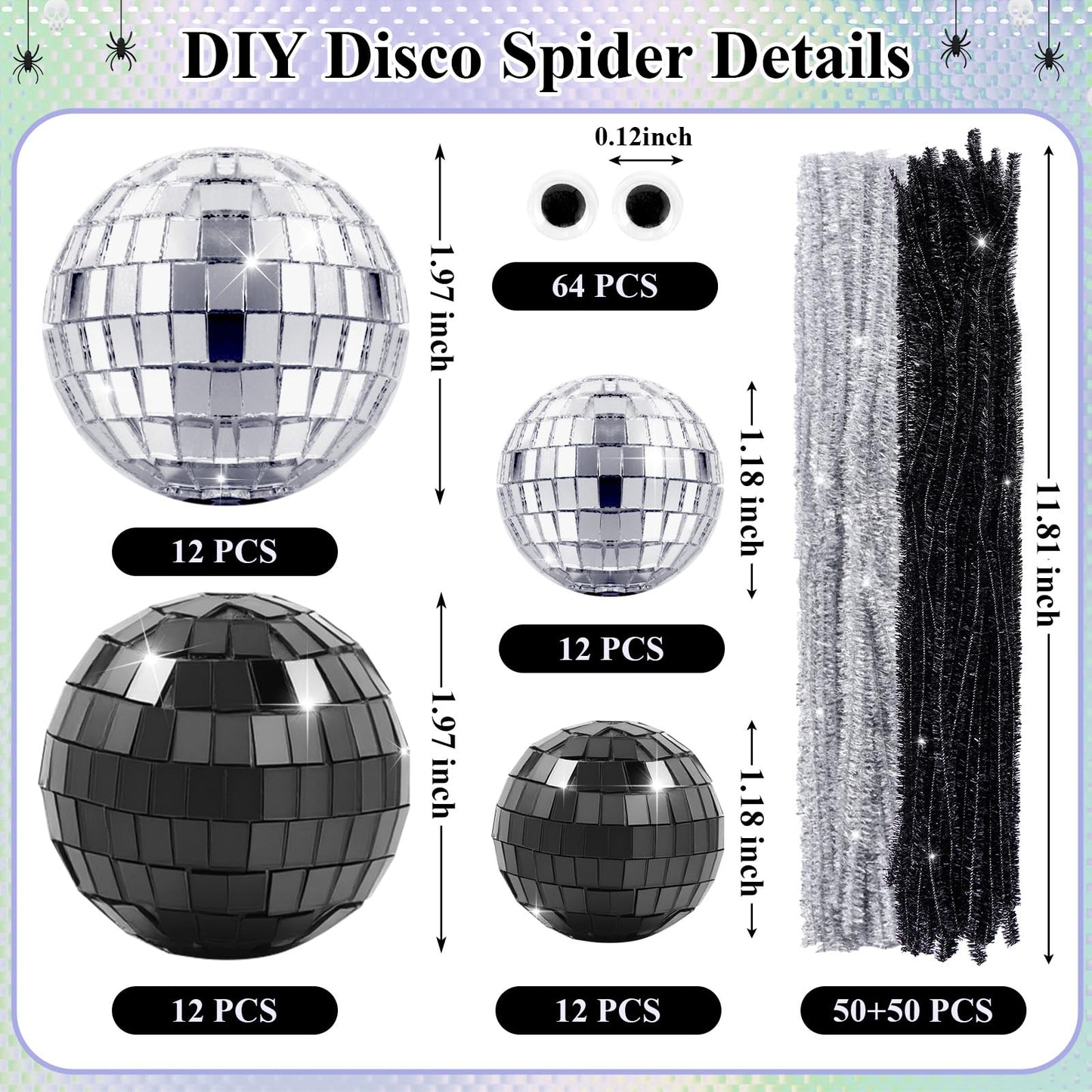 24 Pcs Halloween Disco Spiders Halloween Disco Decor DIY Disco Spiders Making Kit for Halloween Party Decor Glitter Disco Ball with Sparkle Pipe Wiggle Googly Eyes for Halloween DIY Spiders (Spider Shape)