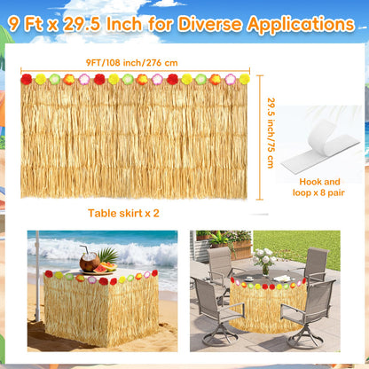 2 Pack Hawaiian Grass Table Skirt 108" x 29.5", Laua Party Decorations Grass Skirt for Table with Flowers, Hawaiian Party Decor for Luau Birthday Beach Tropical Summer Party Supplies