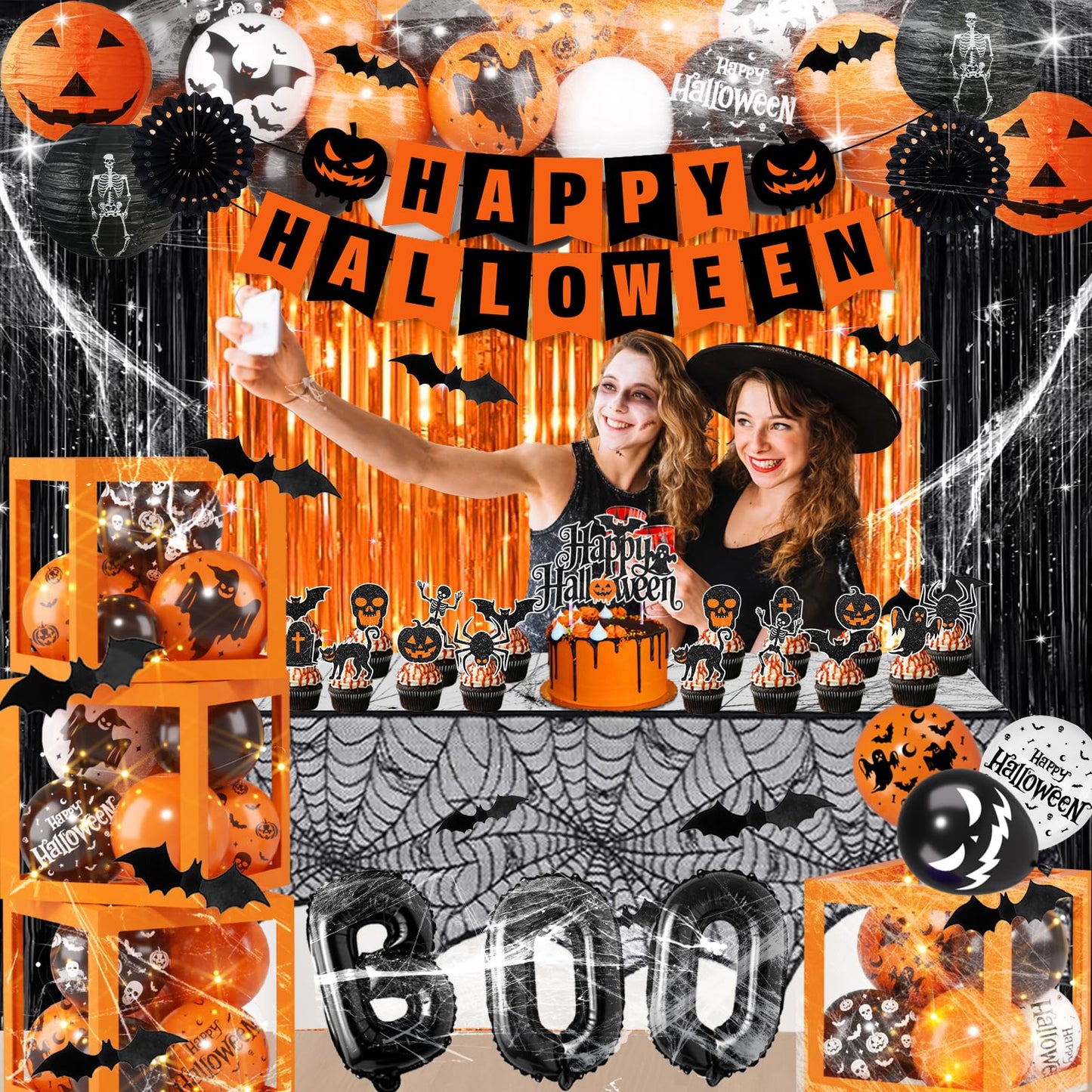 Halloween Party Decorations, Halloween Decorations Kit includes Ghost Balloons Boxes Spider Web Tablecloth Black Orange Foil Curtains, Boo Party Supplies for Home Birthday Decoration