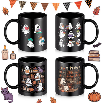 Potchen 4 Pack 12 oz Halloween Coffee Mug Book Lover Coffee Mugs Dishwasher Microwave Safe Porcelain Bookworm Cups Bookish Gifts for Man Women(Ghost Style)