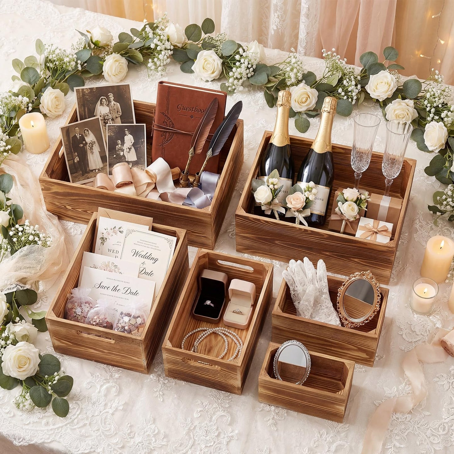 AceOrbit Set of 6 Wood Crates with Handles, Rustic Decorative Storage Boxes Distressed Wooden Nesting Display Baskets for Farmhouse, Wedding, Party Storage Display Supplies(Light Brown)